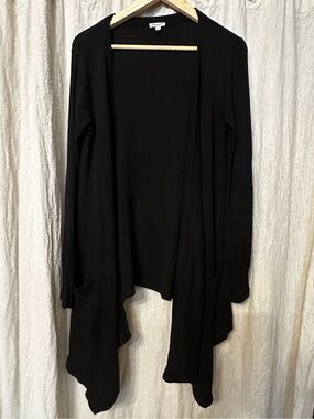 Waffle Black Draped Open Front Cardigan